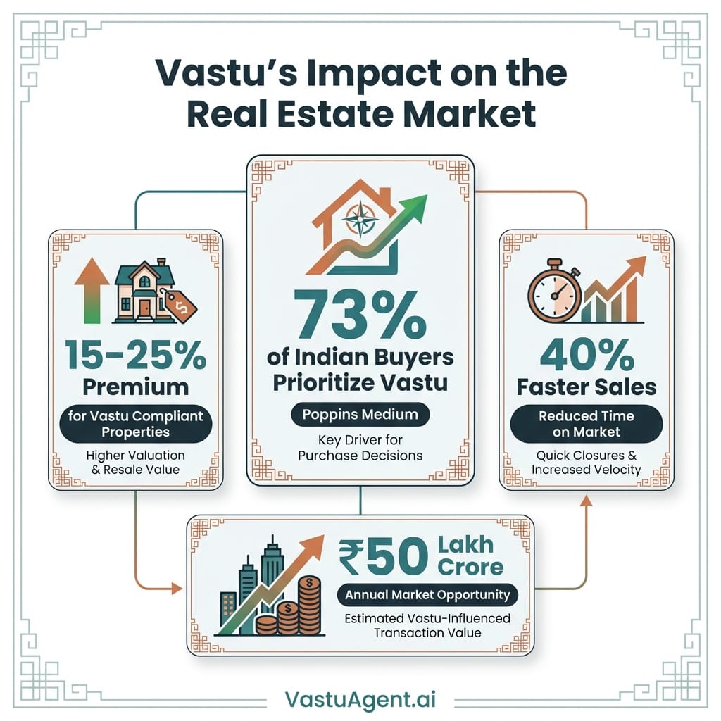 Market Statistics Infographic showing a bar chart comparison of 'Time on Market' for Vastu Compliant vs Non-Compliant homes