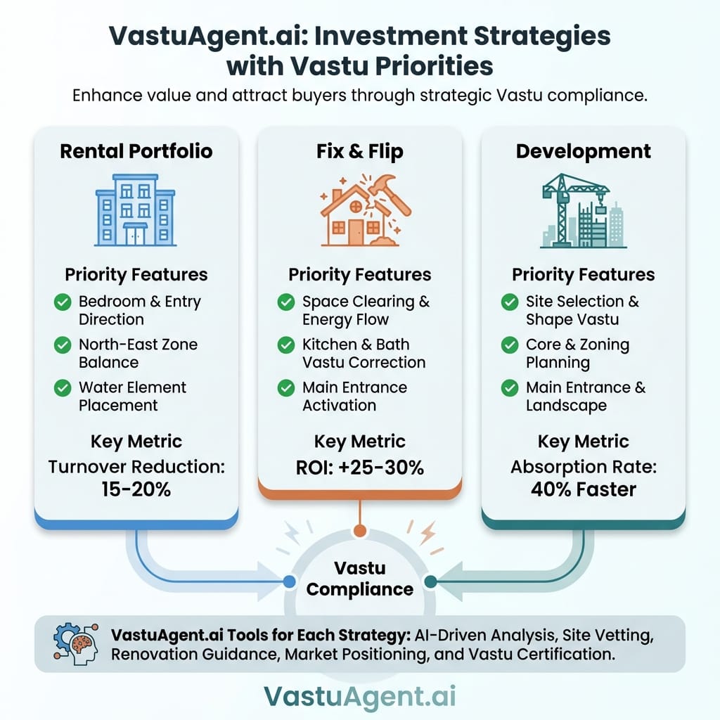 Investment Types Comparison Chart illustrating different strategies for Rental vs Flip vs Commercial