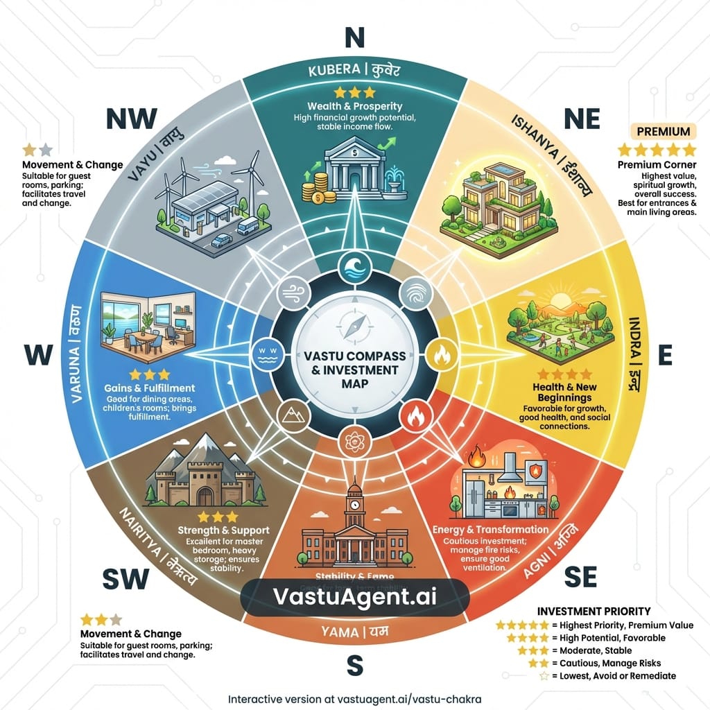 Direction Compass Guide showing the 8 cardinal directions and their attributes: Wealth, Health, Fame, etc