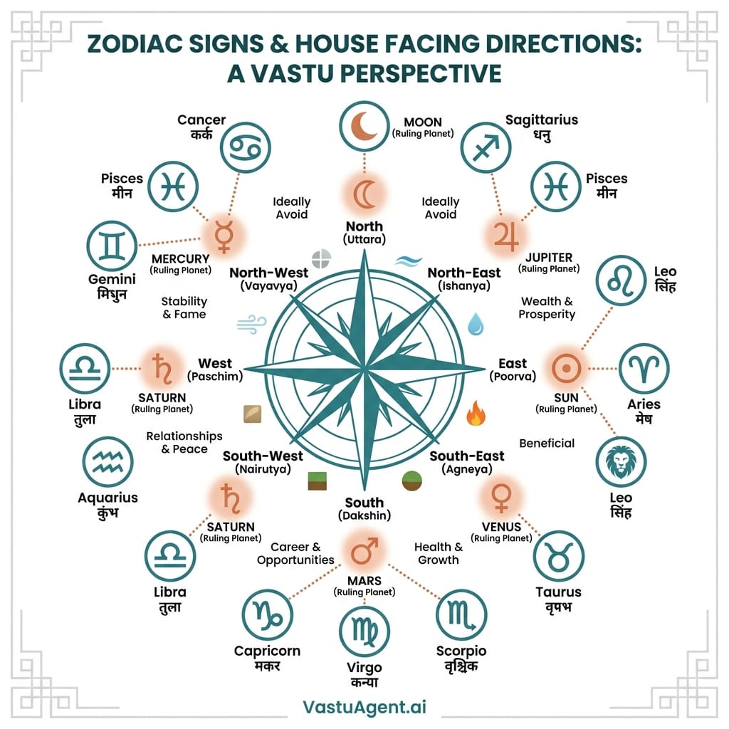 Zodiac signs & house facing directions by Vastuagent.ai