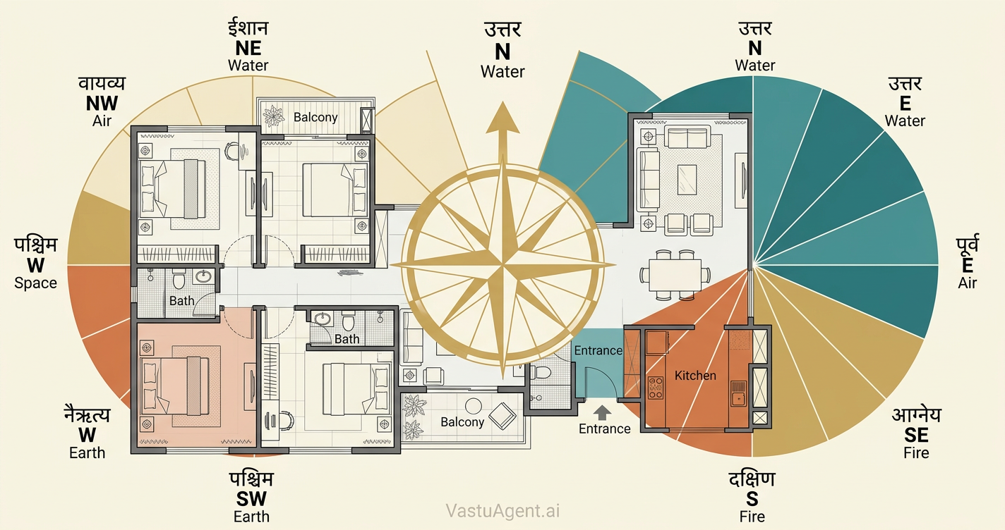 [direction_compass] Top-down view of an apartment floor plan with Vastu compass overlay, showing all