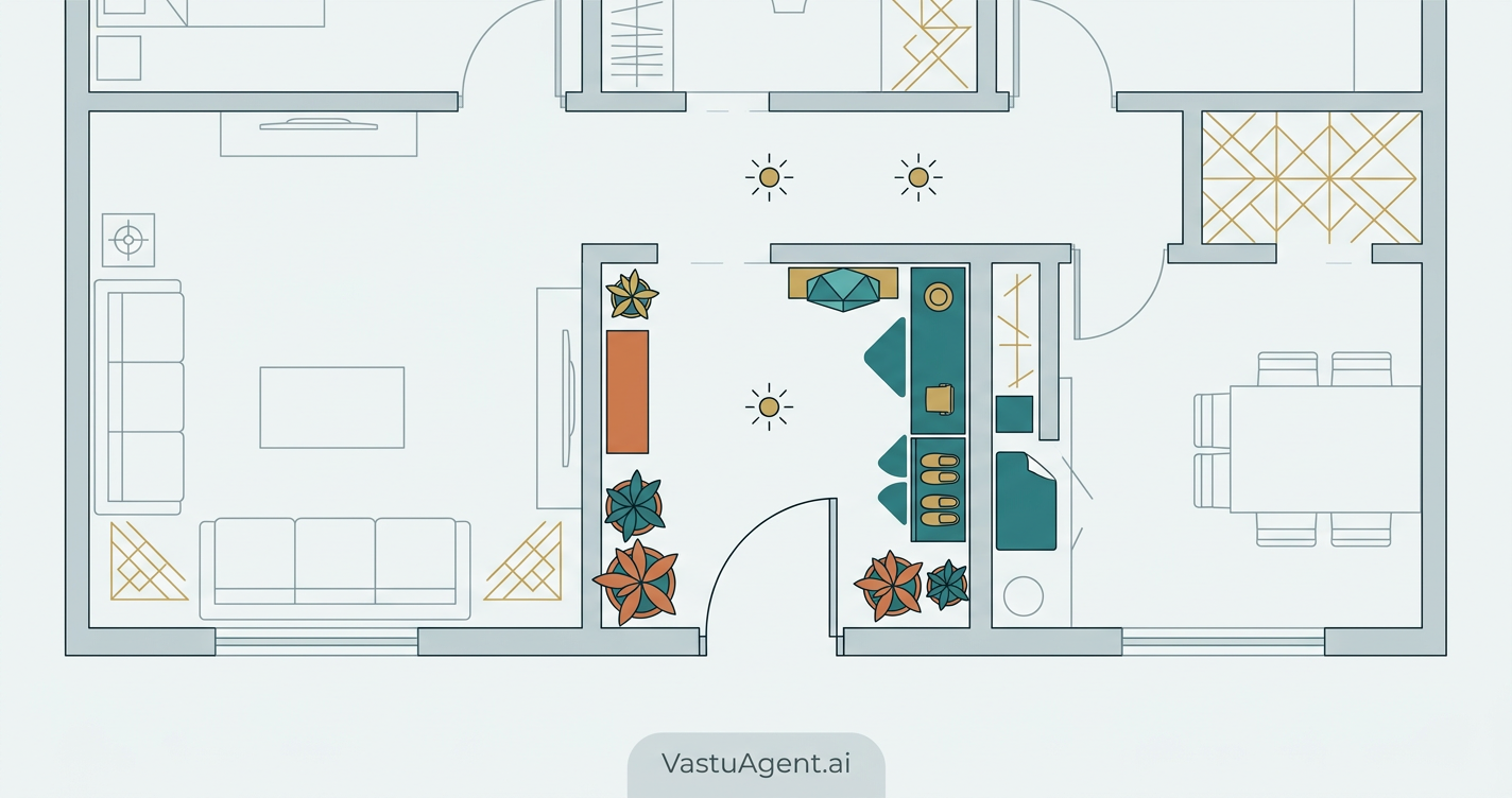 [room_layout] Bird's eye view of optimized apartment entrance area showing Vastu-compliant furniture